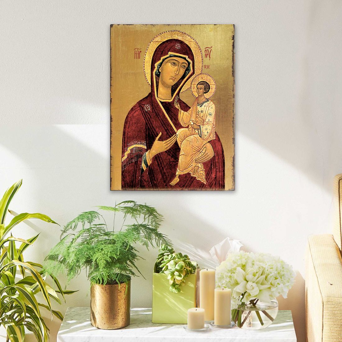 Virgin Mary Wooden Gold Plated Religious Orthodox Sacred Icon - Inspirational Icon Decor - 85063
