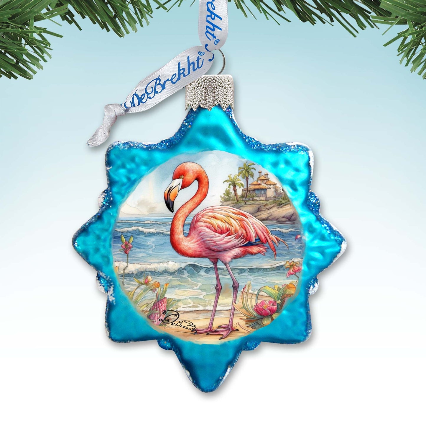 Nautical Christmas Ornaments - Flamingo Keepsake Glass Ornaments by G. Debrekht - Coastal Holiday Decor - 777394