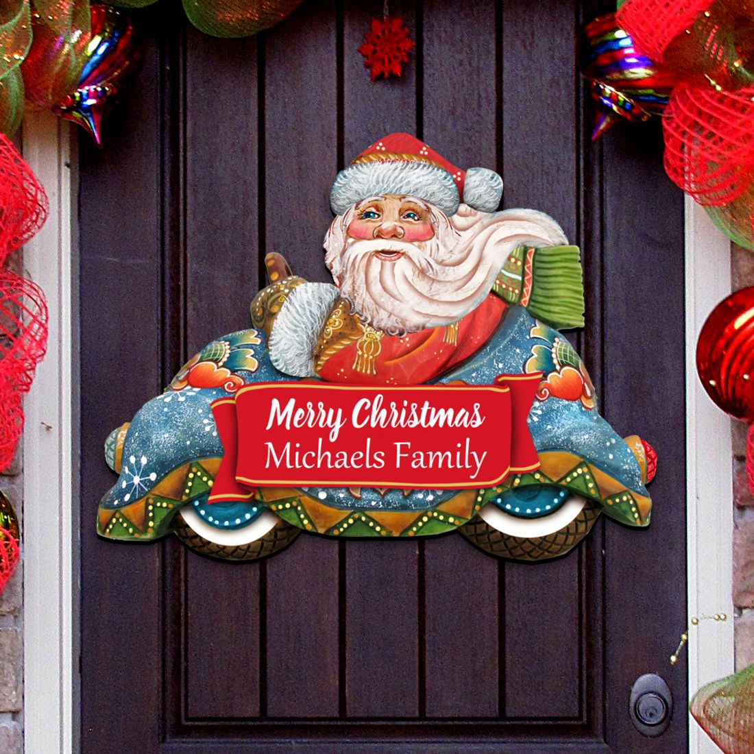 Race Car Santa Merry Christmas Door Decor by G. DeBrekht - Christmas Santa Snowman Decor - 8112045-1H