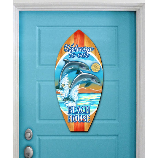 Dolphins Surfboard Coastal Door Decor by G. DeBrekht - Coastal Holiday Decor - 8114070H