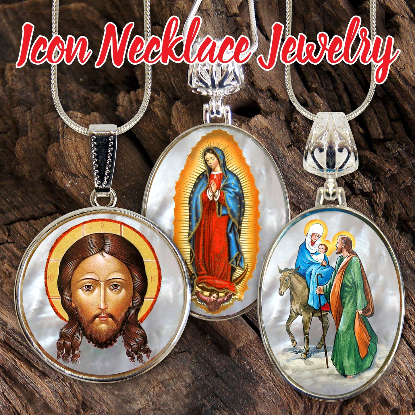 Saint George Religious Jewelry Silver Plated Necklace, Gold-Plated Wooden Cabochon - Orthodox Sacred Icon - Inspirational Icon Decor - 43013R