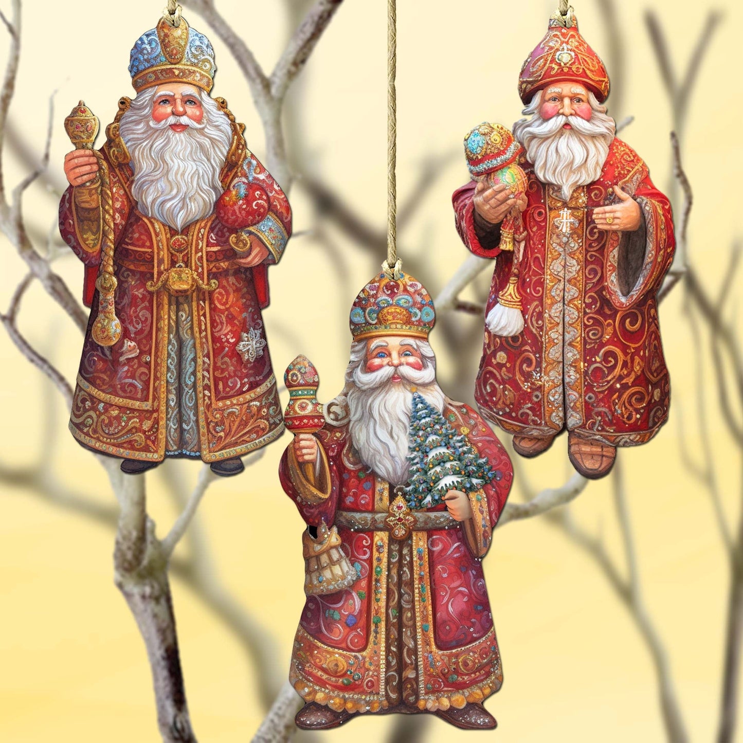 Santa Decorative Wooden Ornaments Set of 3 by G. Debrekht - Christmas Decor - 8091032-S3