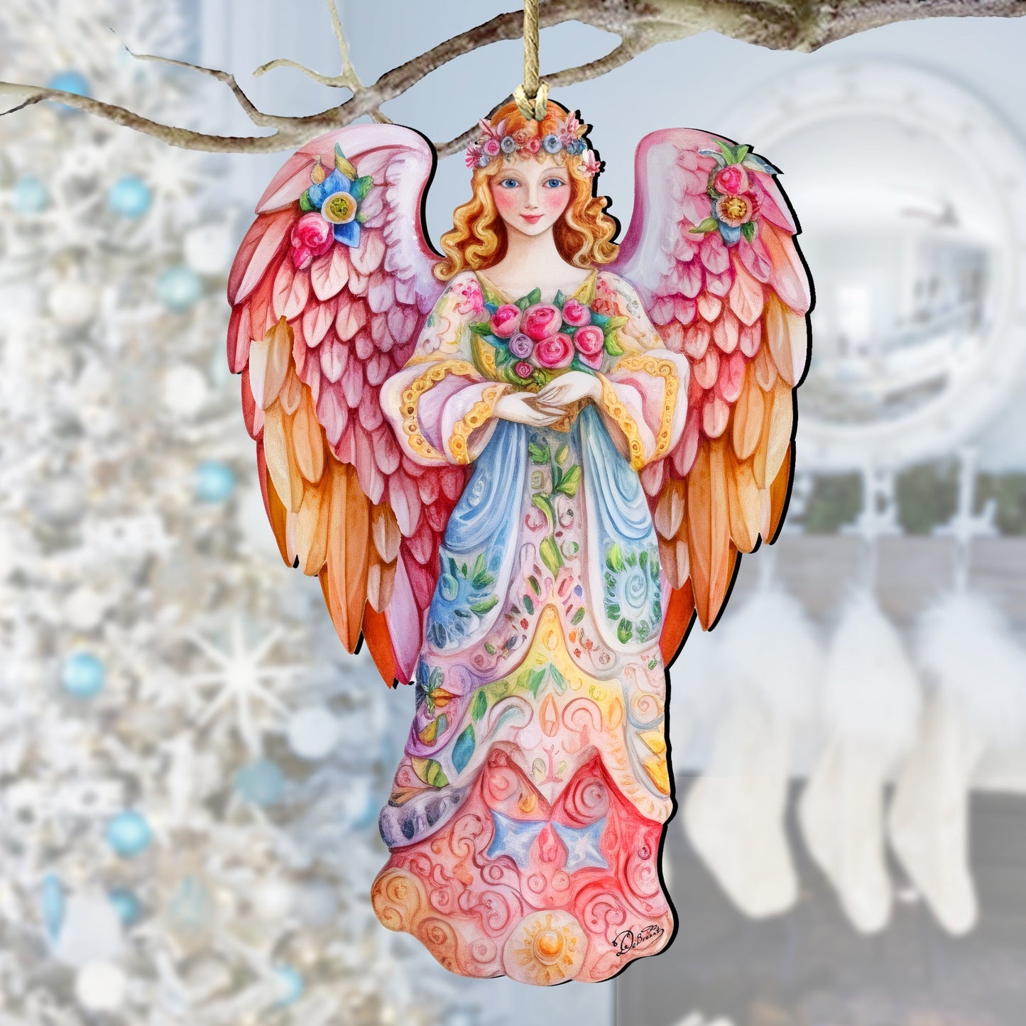 Pink Floral Angel Wooden Ornaments by G. DeBrekht Nativity Holiday Decor - 8611023