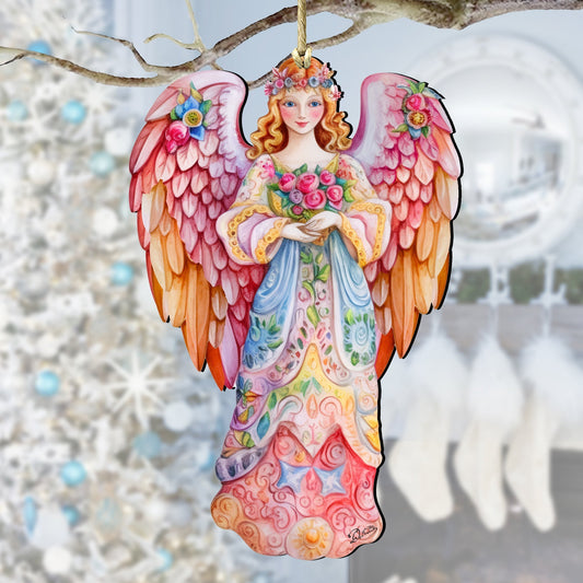 Pink Floral Angel Wooden Ornaments by G. DeBrekht Nativity Holiday Decor - 8611023