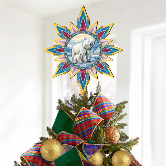 Polar Bear with Cub Star Tree Topper Wooden Decor by G. Debrekht - Wildlife Holiday Decor - 89509