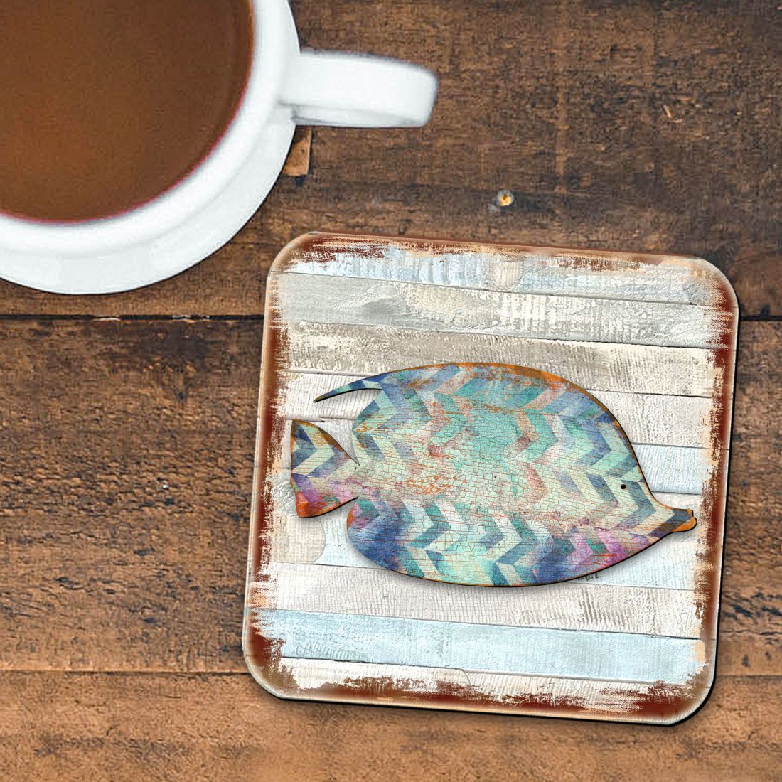 Tropical Fish Coastal Wooden Cork Coasters Gift Set of 4 by Nature Wonders - Coastal Sea-Life Decor - 8198527-2-9C-S4