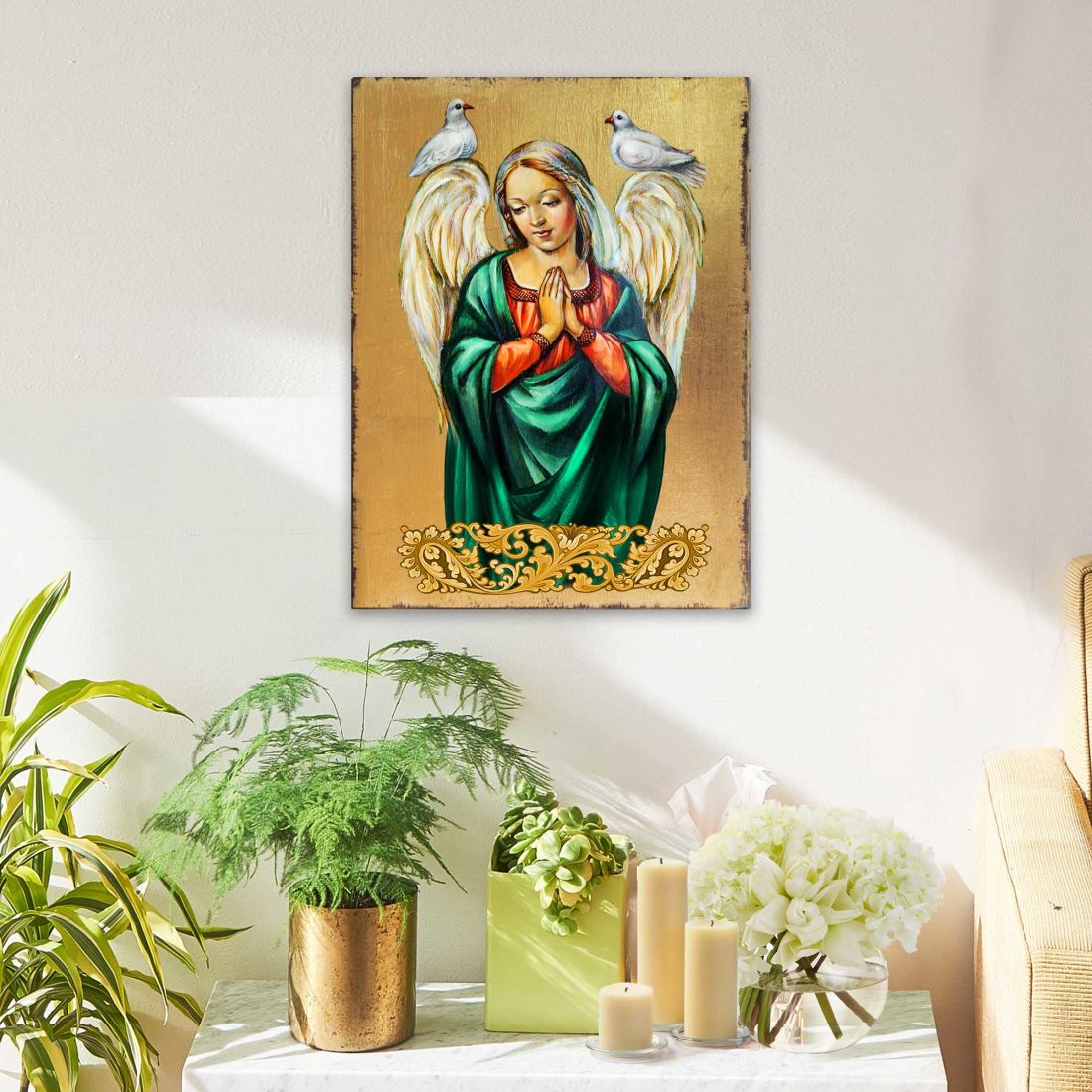 Praying Angel Wooden Gold Plated Religious Christian Sacred Icon - Inspirational Icon Decor - 85026