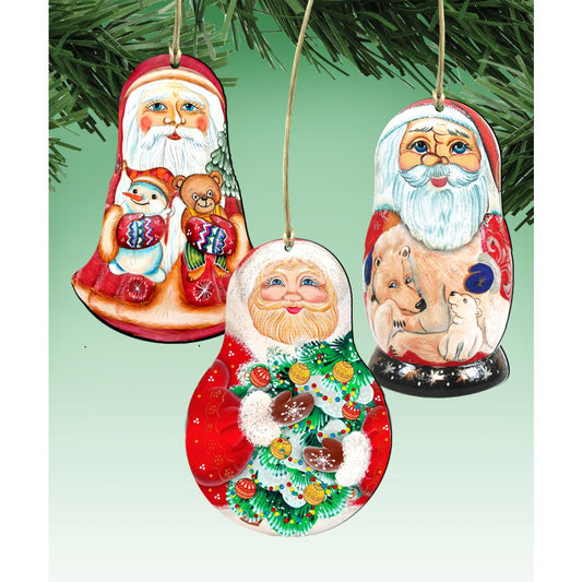 Santa Doll Wooden Ornaments Set of 3 by G. DeBrekht - Christmas Santa Snowman Decor - 8100110S3