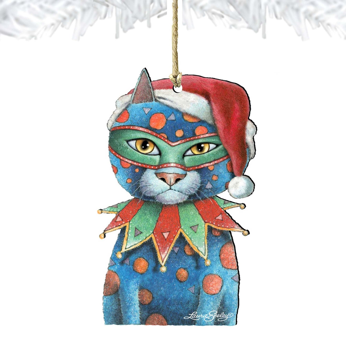 Mardi Gras Santa Cat Wooden Ornaments by Laura Seeley - Pets Dog and Cats Decor - 8512057-LS