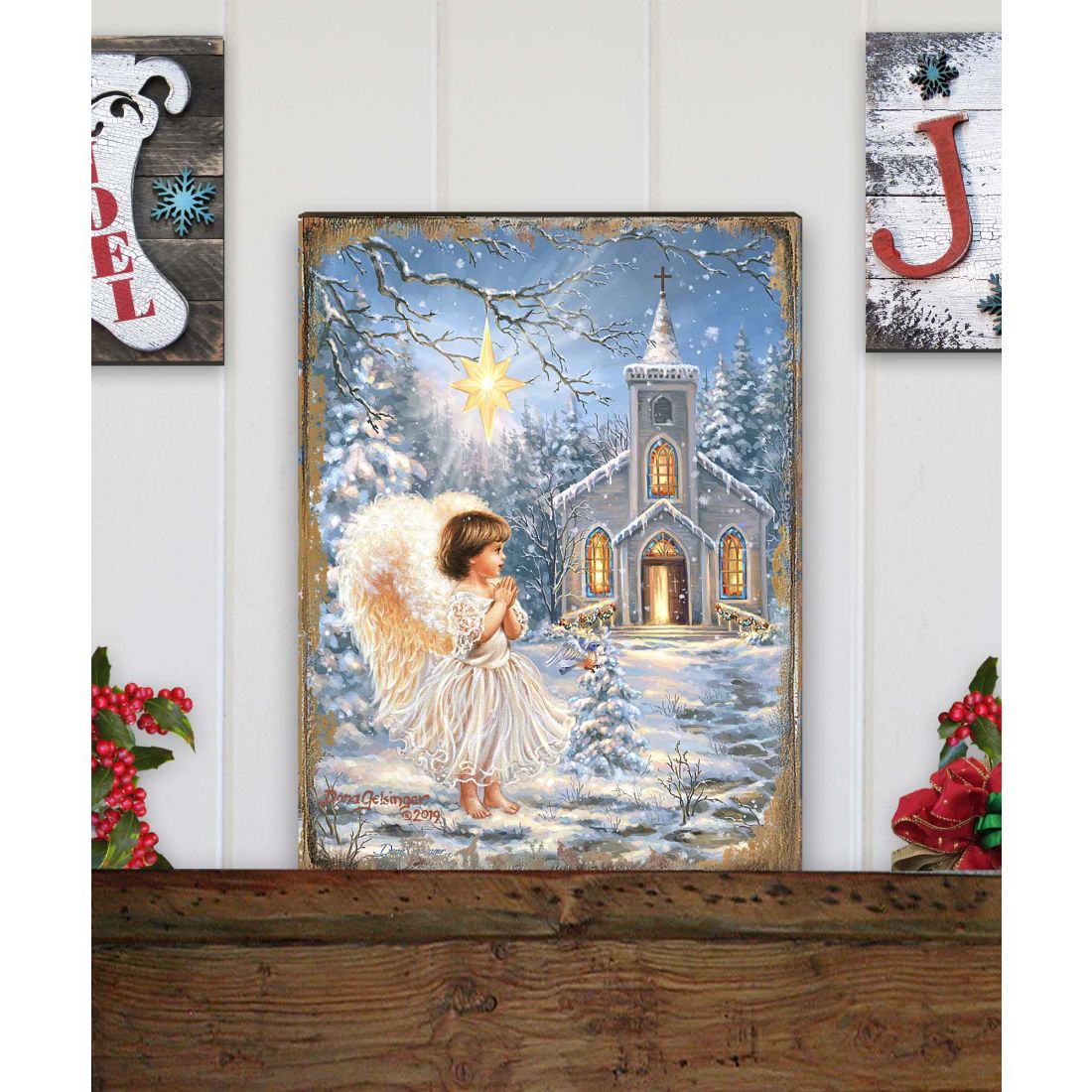 Angel at the Chapel Art Wooden Wall Art by D. Gelsinger - Nativity Holiday Decor - 95659B-1606