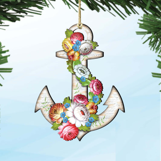 Floral Anchor Wooden Ornaments by G. DeBrekht - Coastal Holiday Decor - 8198521-4