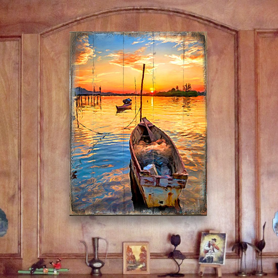 Sorrell Sunset Boat Wood Wooden Coastal Wall Art by Nature Wonders - Coastal Sea-Life Decor - 95228B