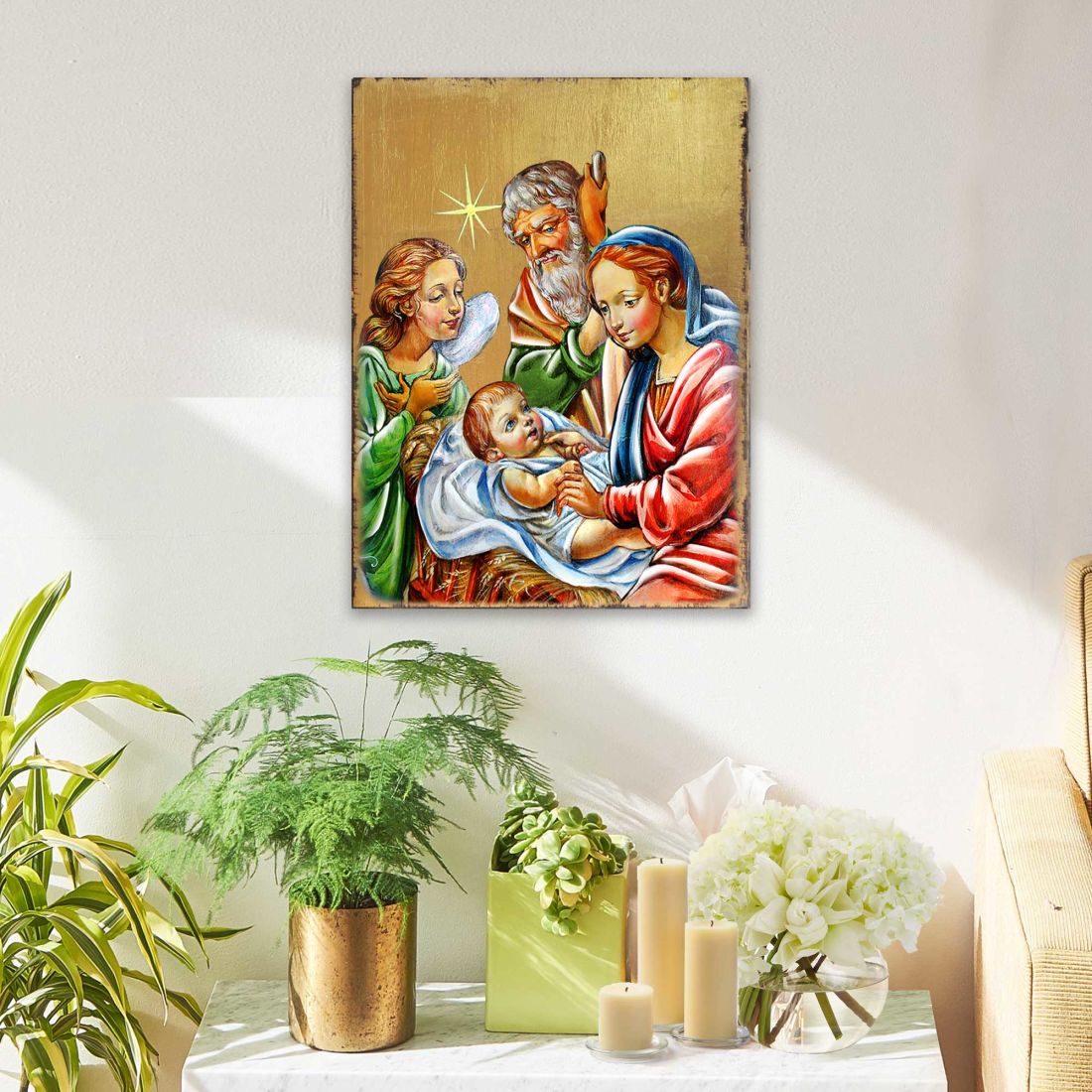 Nativity with Angel Wooden Gold Plated Religious Christian Sacred Icon - Inspirational Icon Decor - 85049