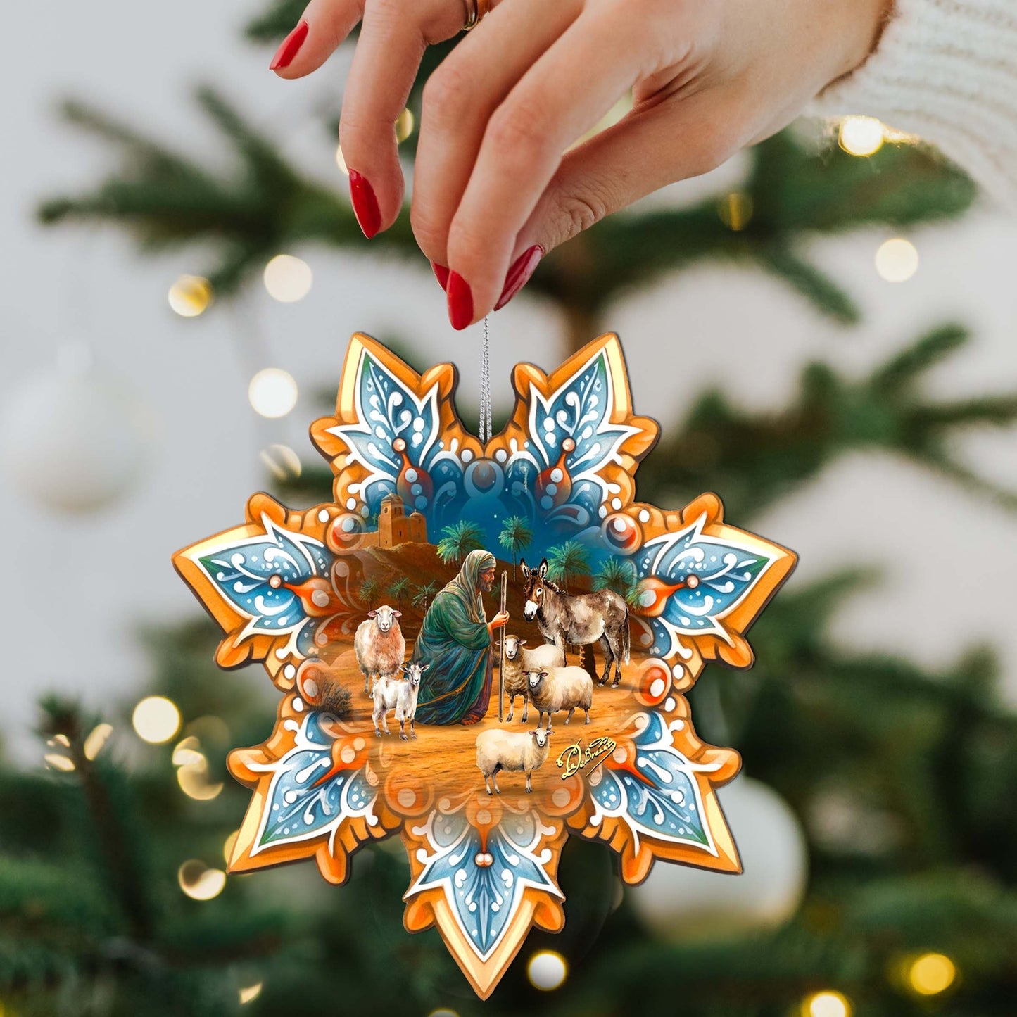 Joseph with Animals Snowflake Wooden Ornaments by G. Debrekht - Nativity Holiday Decor - 8688437