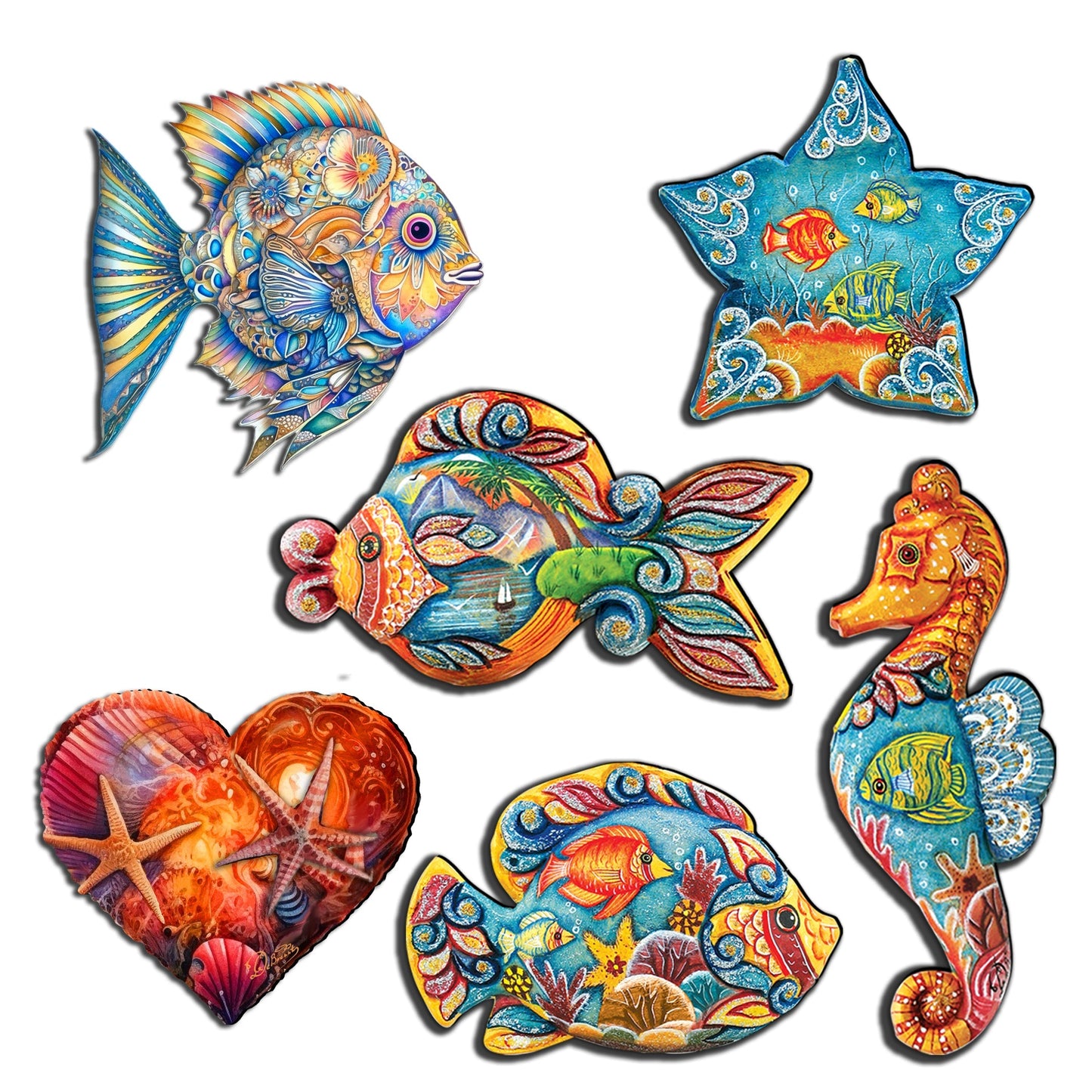 Ocean Treasures Decorative Wooden Magnets Set of 6 by G. Debrekht - Coastal Decor - 8090063G-S6
