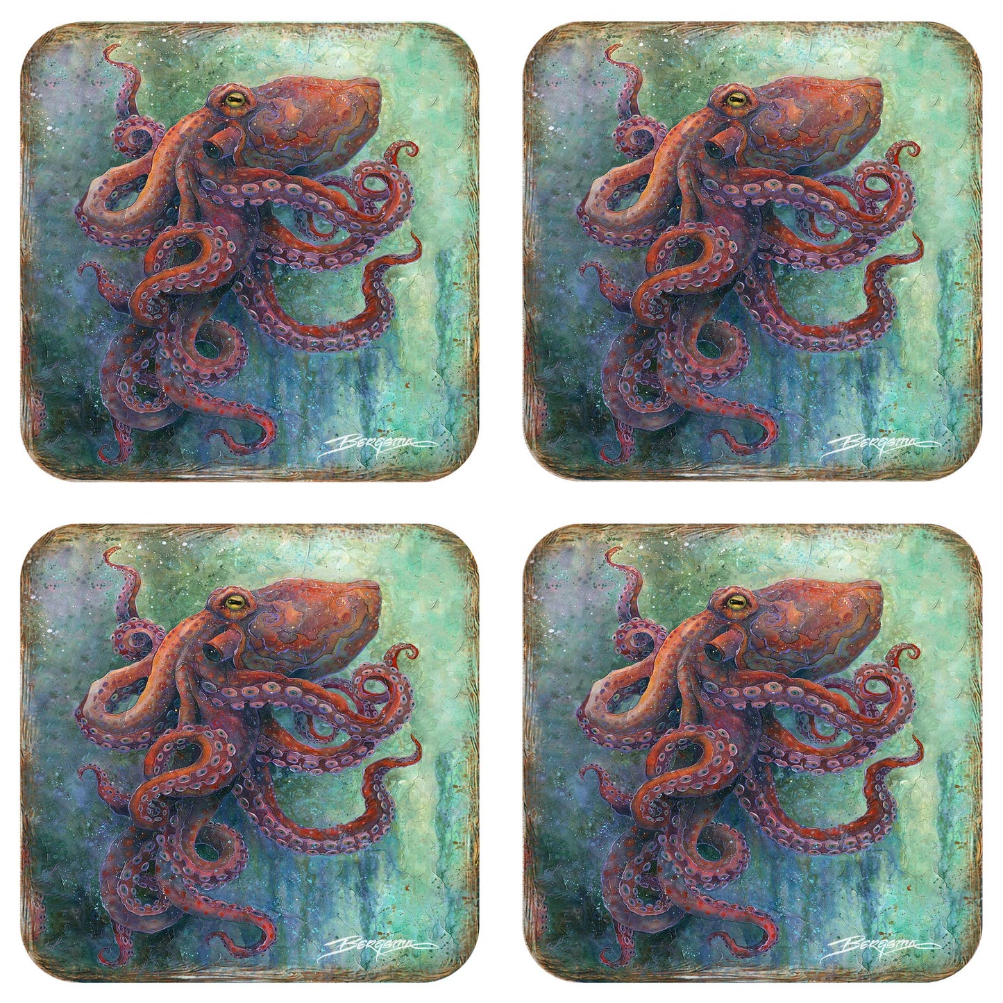 Octopus Wooden Cork Coasters Gift Set of 4 by J. Bergsma - Coastal Decor  - 8199459C-S4