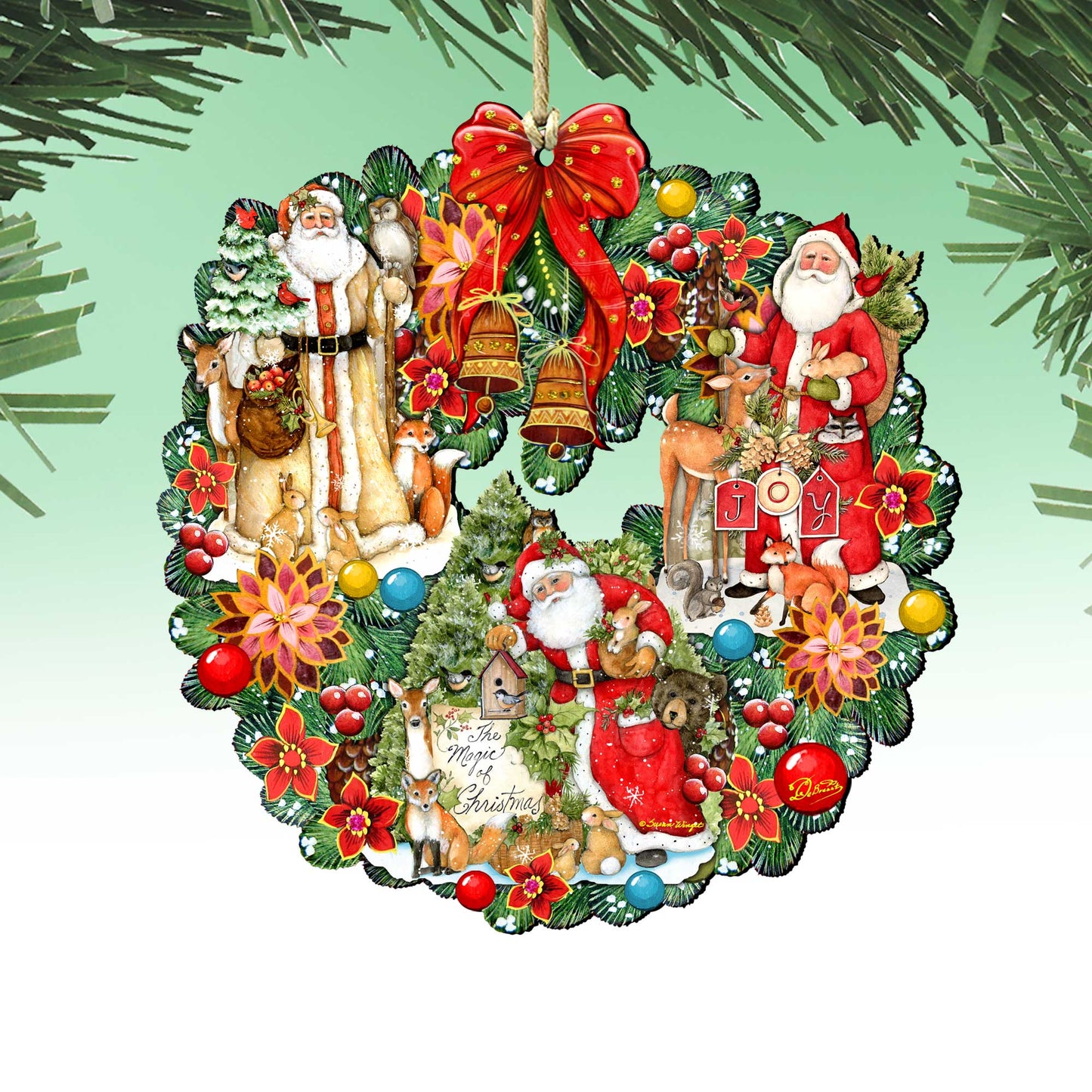 Classic Christmas Santa Wreath Wooden Ornaments by G. Debrekht and Susan Winget - Tree Ornament with Santa and Snowman Decor - 8185307-7-SW