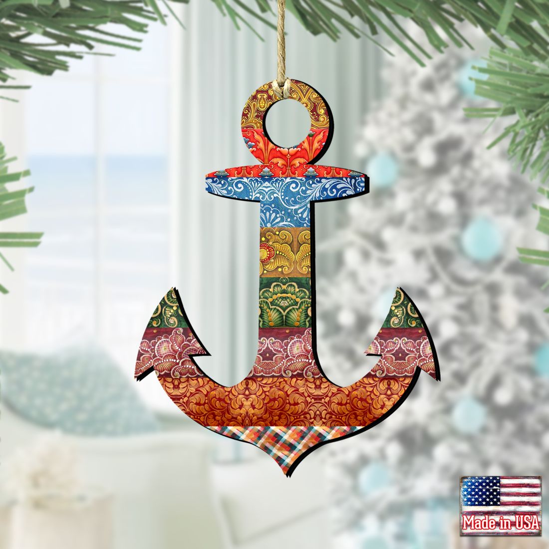 Decorated Anchor Wooden Ornaments by G. DeBrekht - Coastal Holiday Decor - 8198521-2