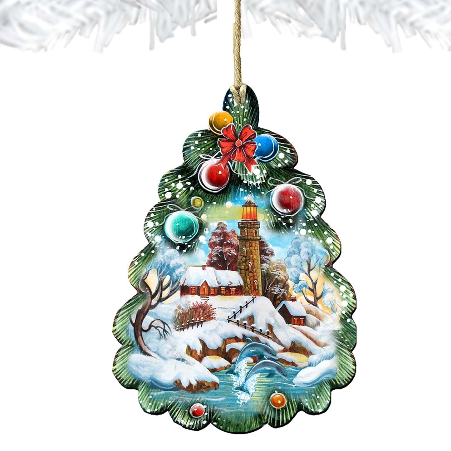 Lighthouse Tree Wooden Ornaments by G. DeBrekht - Coastal Holiday Decor - 8119185