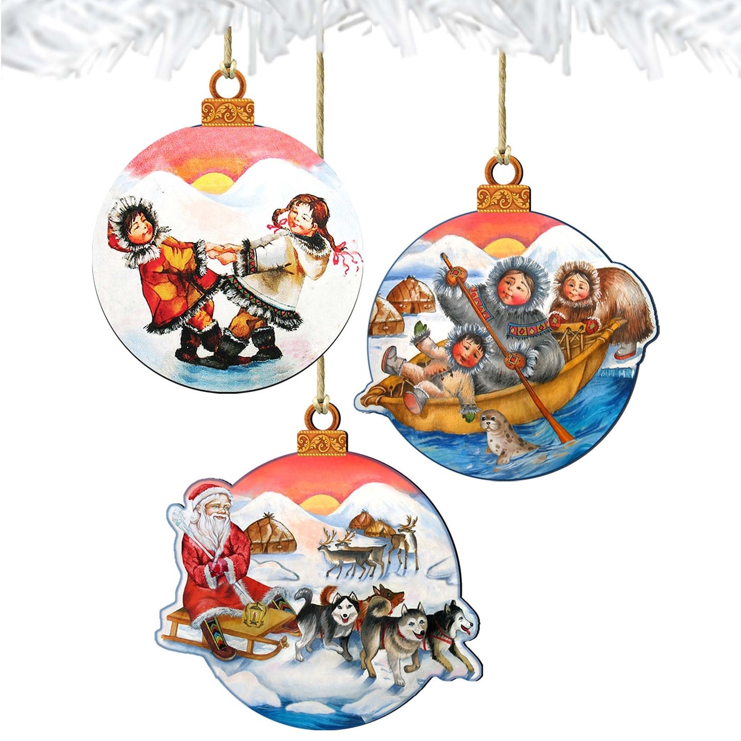 Arctic Adventure Wooden Ornaments Set of 3 by G. DeBrekht - Christmas Santa Snowman Decor - 8100012S3
