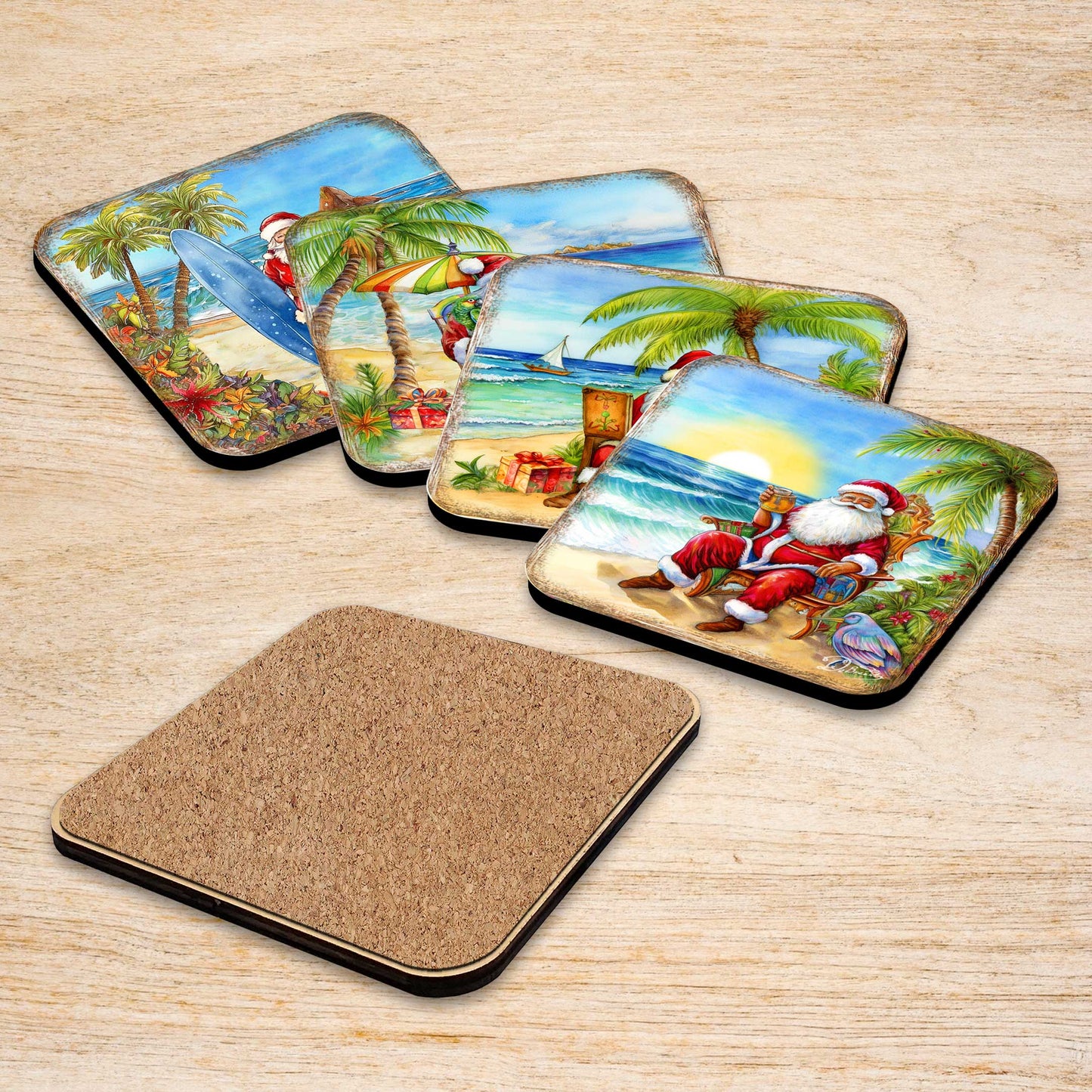 Santa on the Beach Wooden Cork Coasters Gift Set of 4 by G. Debrekht - Santa Christmas Decor  - 8199441C-S4