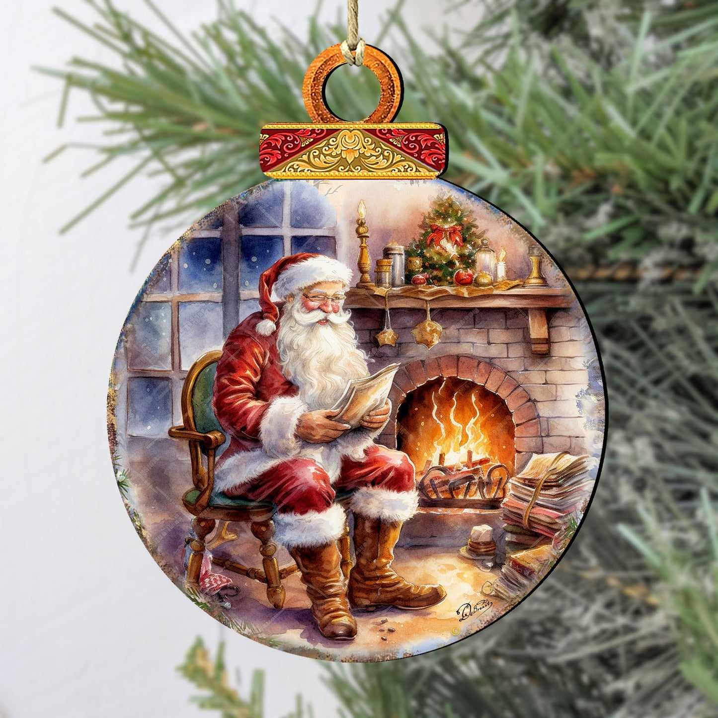 Santa at the Fireplace Wooden Ornaments by G. Debrekht Christmas Santa Snowman Decor - 8611089