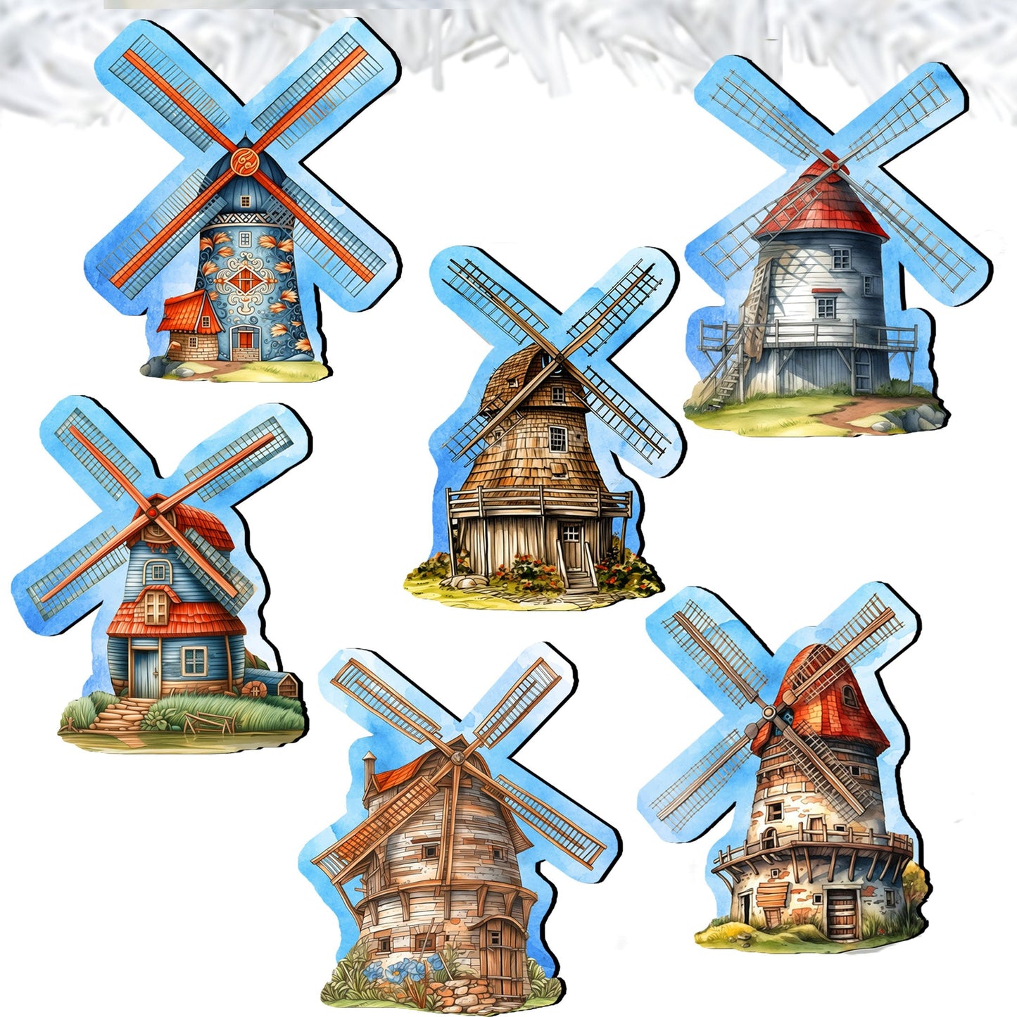 Windmills Decorative Wooden Clip-on Ornaments Set of 6 by G. Debrekht - Love Family Decor - 8090074C-S6