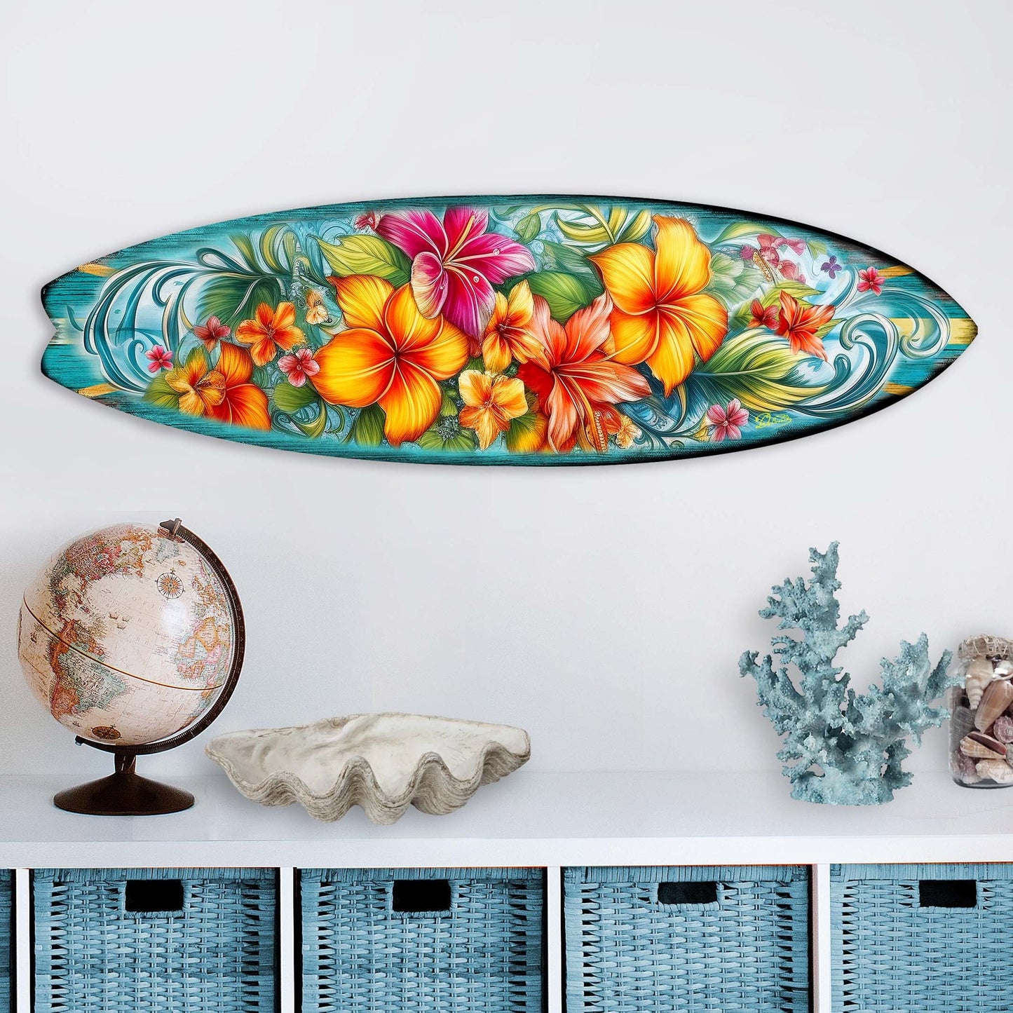 Hawaiian Flowers Surfboard Coastal Wall Art by G. DeBrekht - Coastal Holiday Decor - 8490121HS