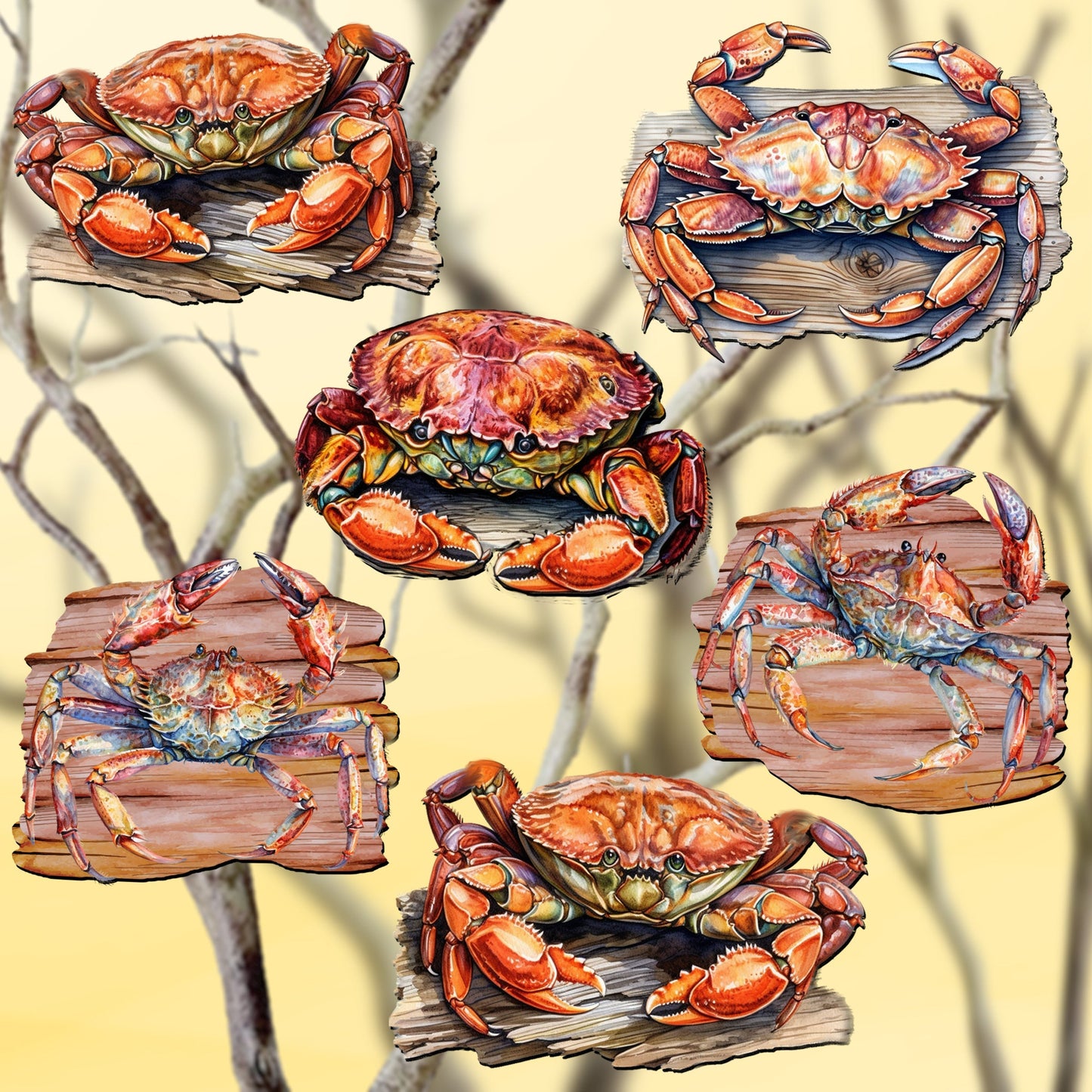 Crabs of the Wild Decorative Wooden Clip-on Ornaments Set of 6 by G. Debrekht - Wildlife Decor - 8090121C-S6