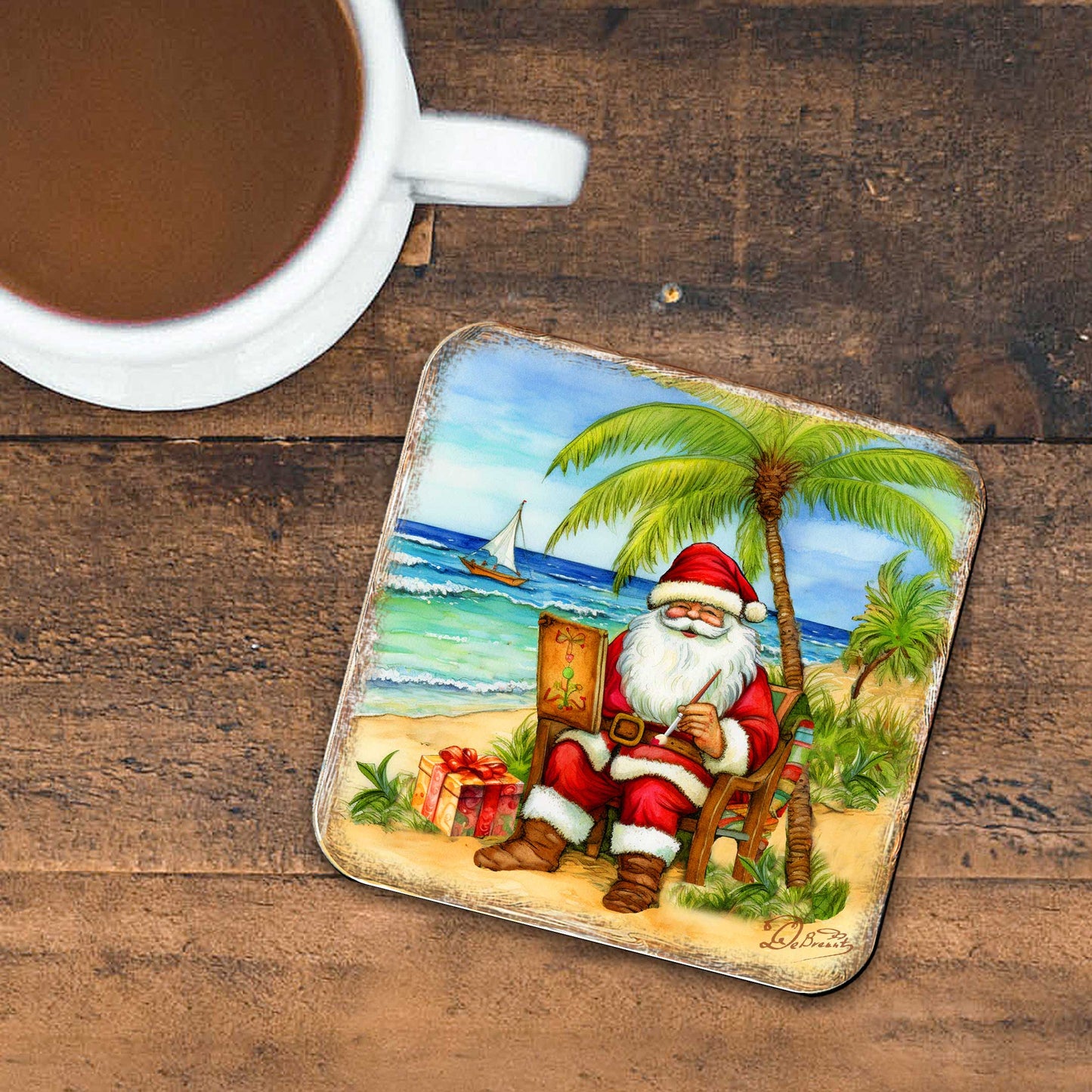 Santa on the Beach Wooden Cork Coasters Gift Set of 4 by G. Debrekht - Santa Christmas Decor  - 8199441C-S4