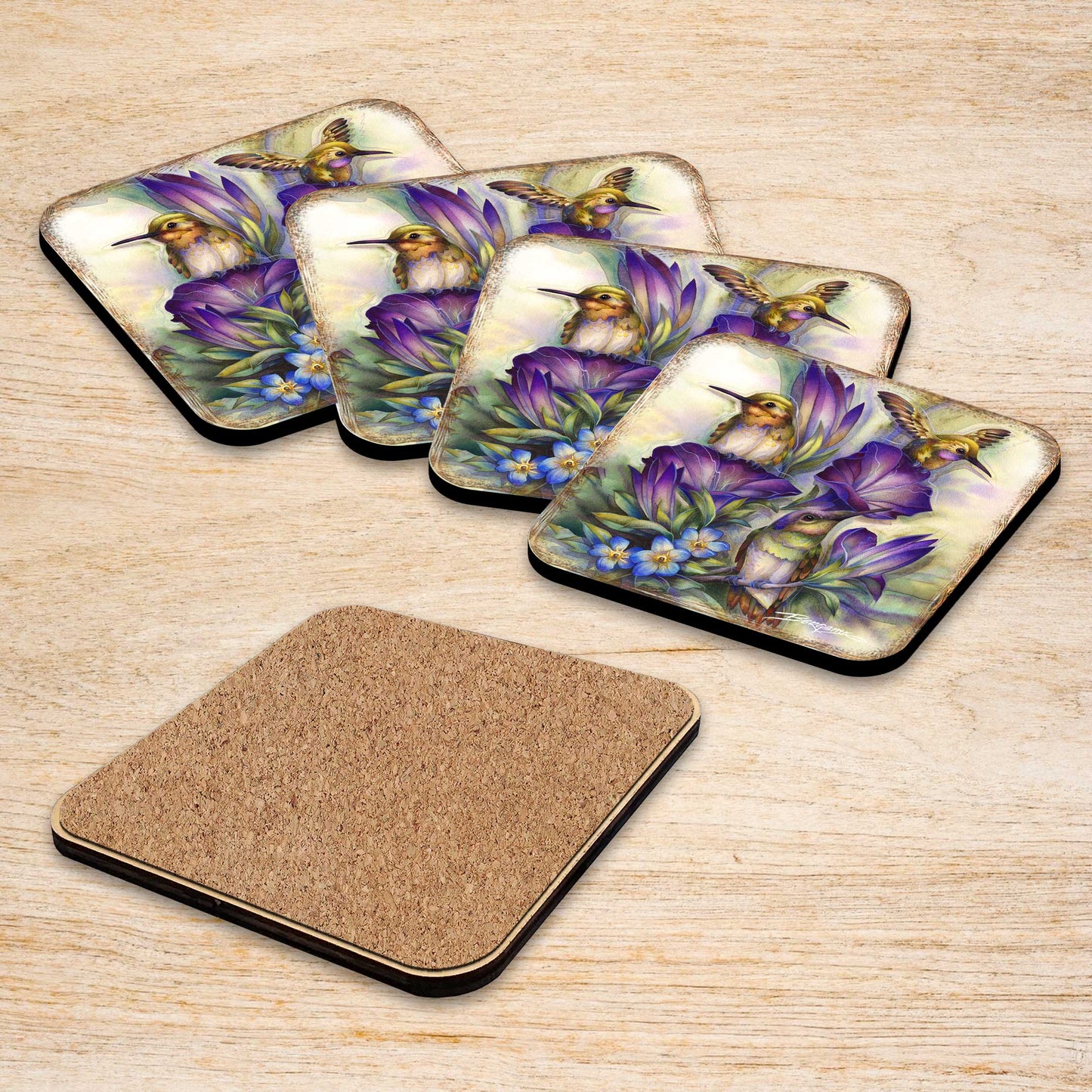 Everlasting Friendship Hummingbirds Wooden Cork Coasters Gift Set of 4 by J. Bergsma - Wildlife Decor  - 8199464C-S4