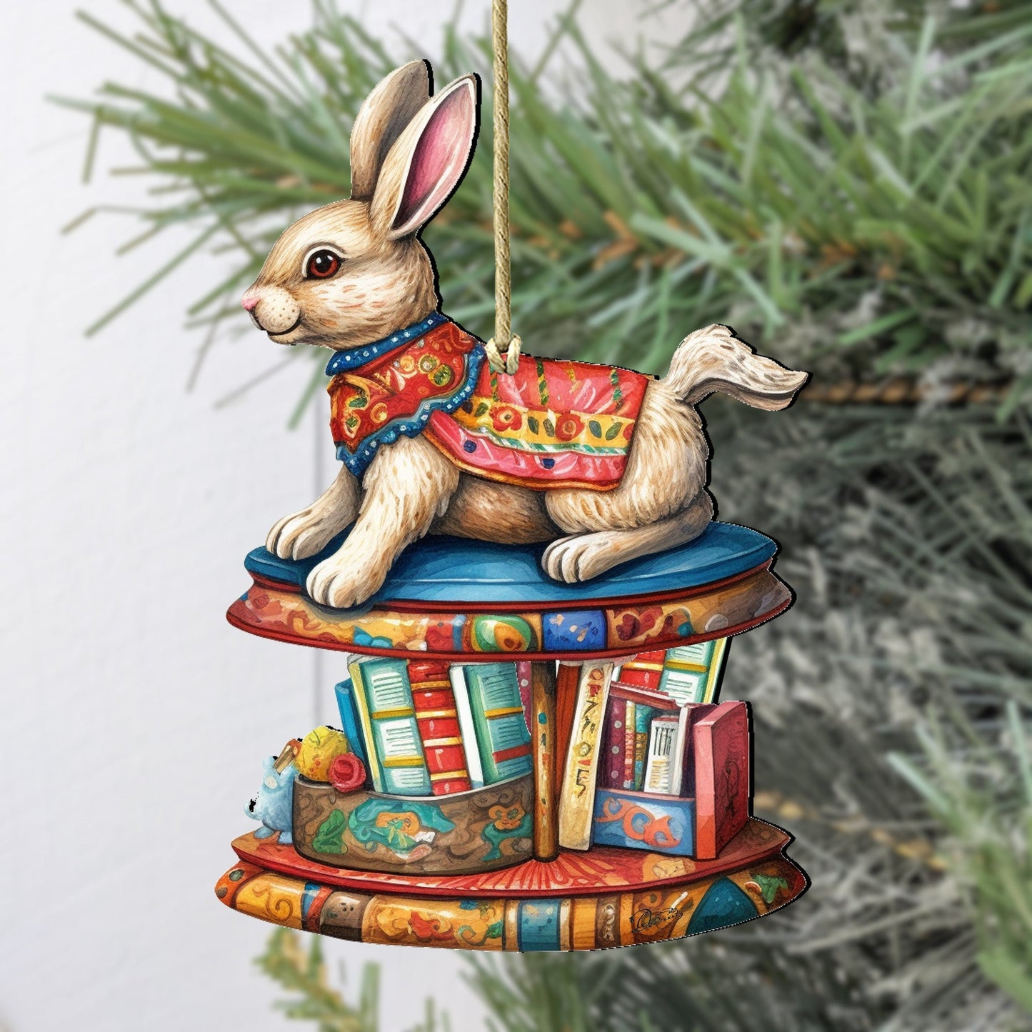 Carousel Bunny with Books Wooden Ornaments by G. Debrekht - Christmas Decor - 8100195-2