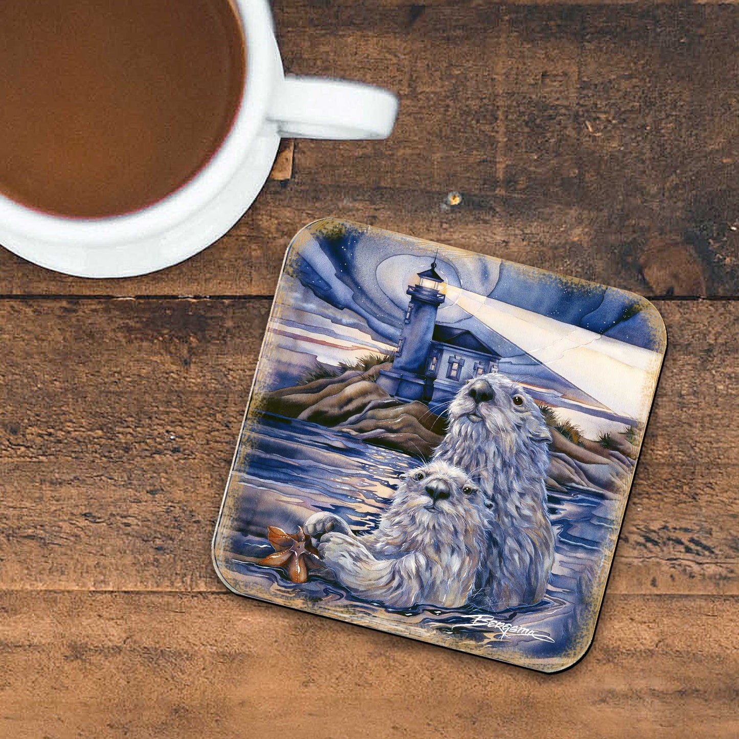 Starlight Otters Wooden Cork Coasters Gift Set of 4 by J. Bergsma - Wildlife Decor  - 8199473C-S4