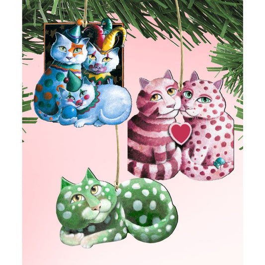 Whimsical Cats Wooden Ornaments Set of 3 by Laura Seeley - Pets Dog and Cats Decor - 8100101S3-LS