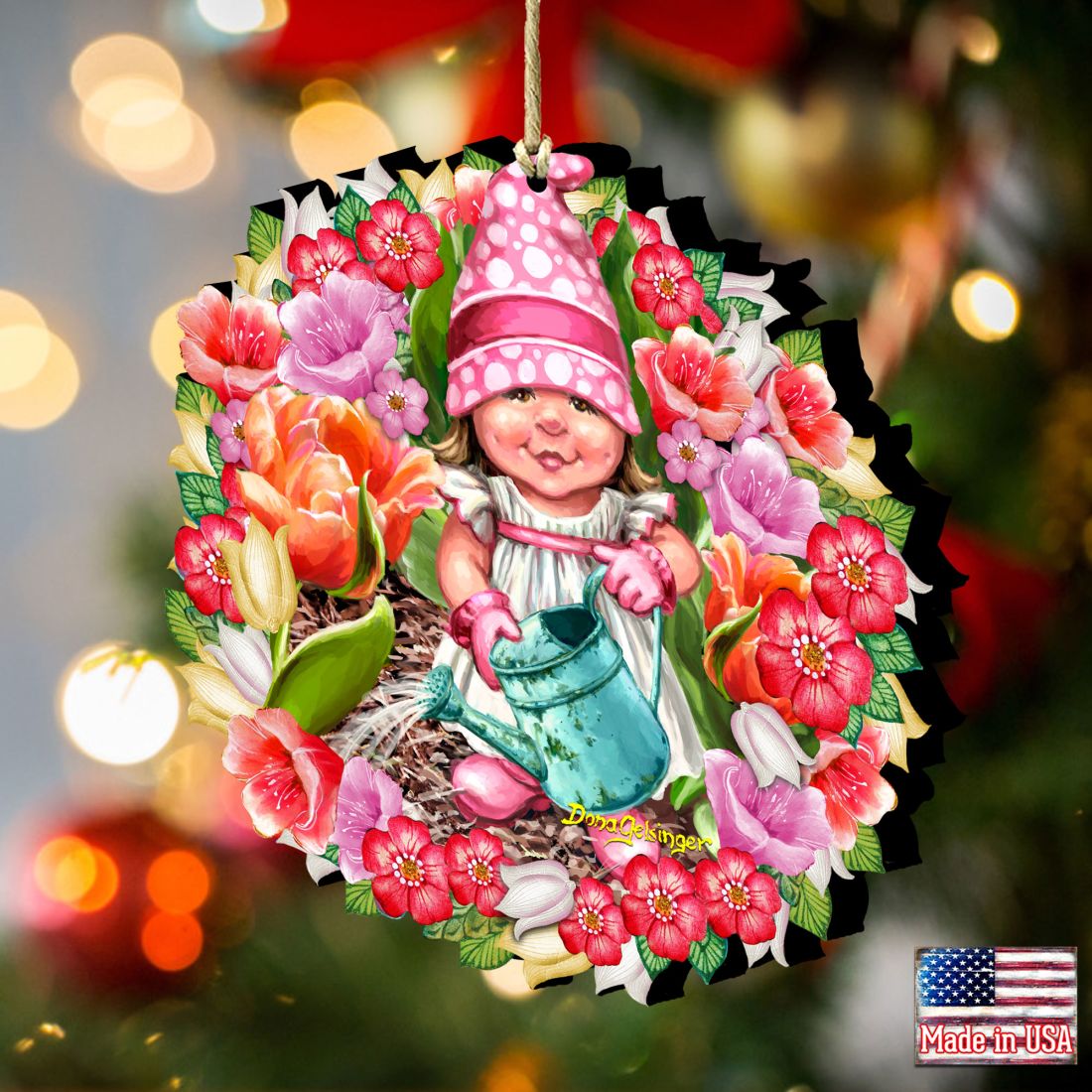 Spring Blossom Gnome Dwarf Wreath Wooden Ornaments by Gelsinger - Easter Spring Decor - 8161055-DG