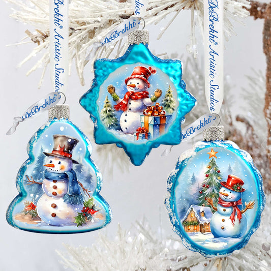 Snowmen Mercury Glass Ornaments Set of 3 by G. Debrekht - Christmas Santa Snowman Decor - 770148S3