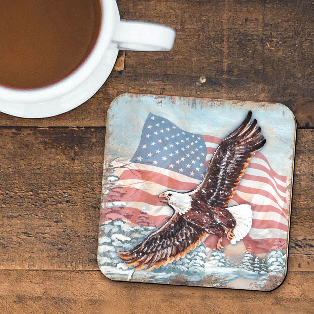 American Eagle Wooden Cork Coasters Gift Set of 4 by Nature Wonders - American Patriotic Decor - 95221C-S4