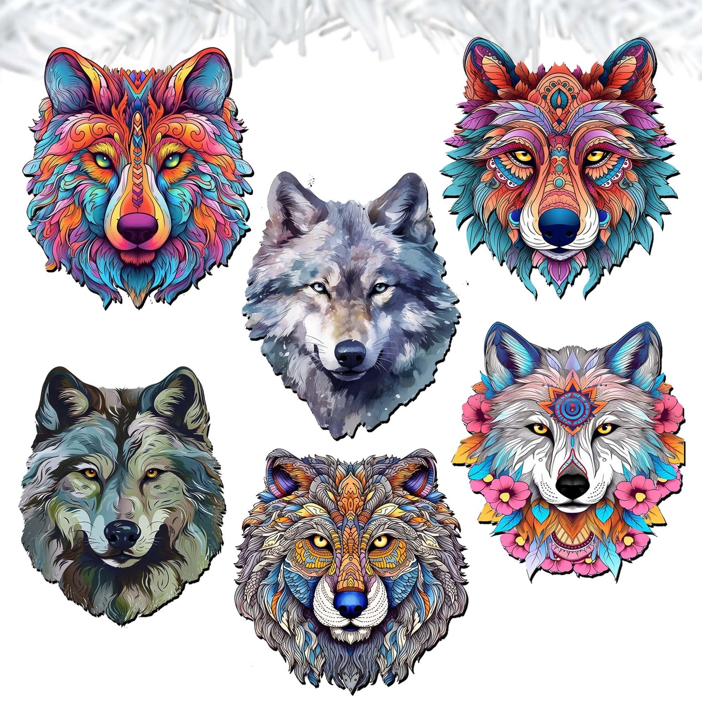 Enigmatic Wolves Decorative Wooden Clip-on Ornaments Set of 6 by G. Debrekht - Wildlife Decor - 8090113C-S6