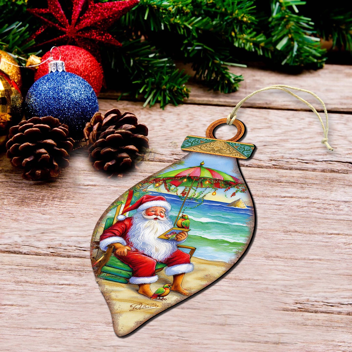 Beach Themed Ornaments - Santa on the Beach Wooden Ornaments by G.Debrekht Coastal Holiday Decor - 8688308