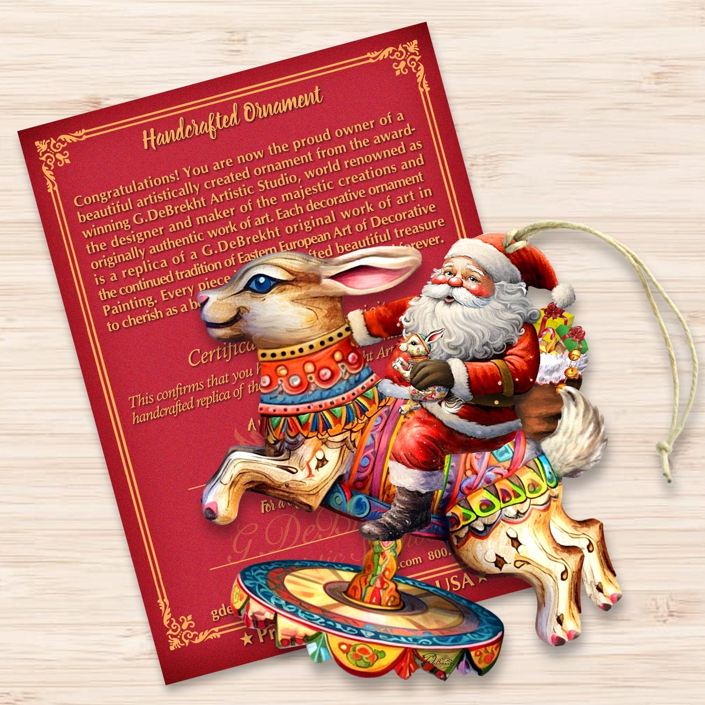 Santa Claus on Bunny Carousel Wooden Ornaments by G. Debrekht Christmas Santa Snowman Decor - 8611067