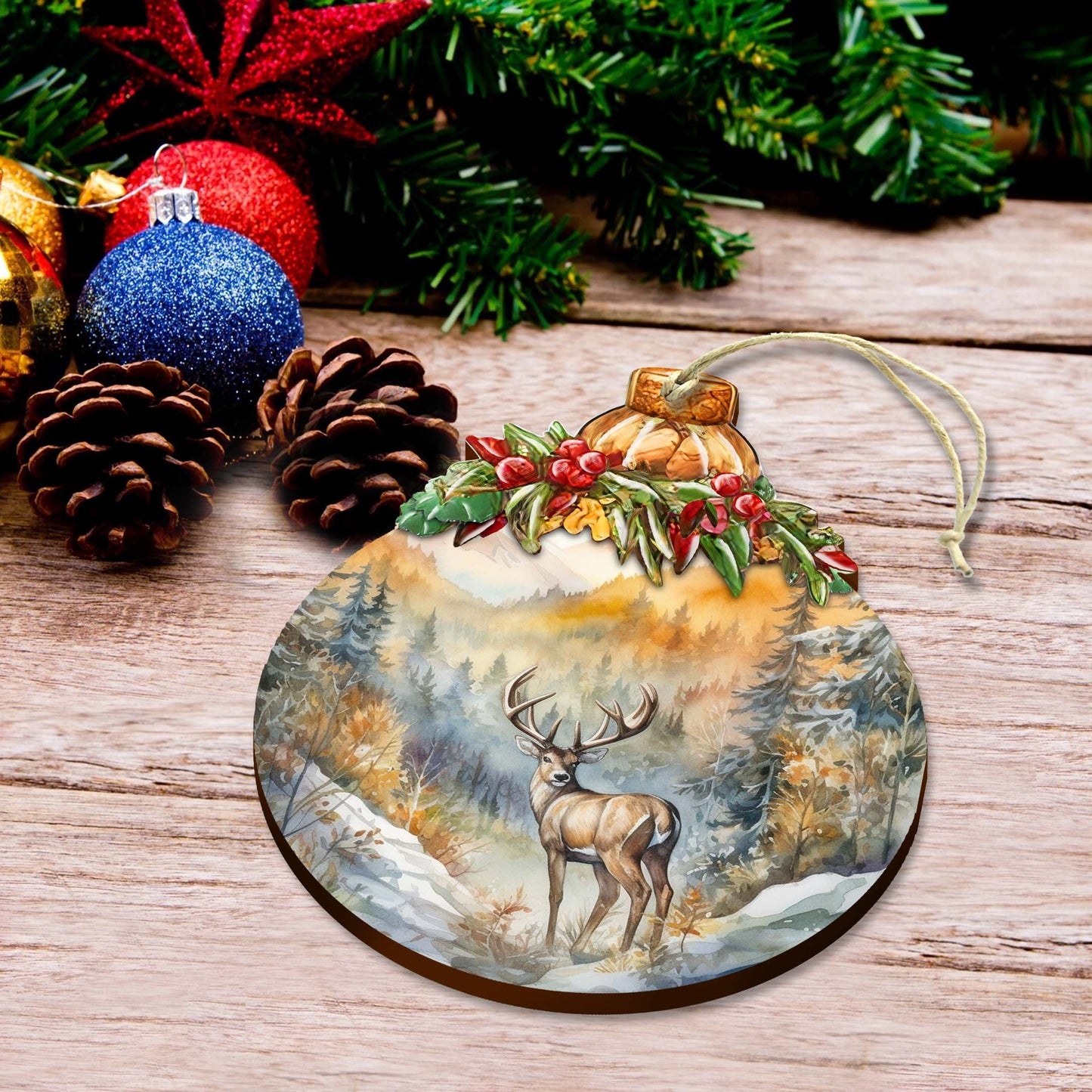 Elk in Mountain's Nature Beauty Wooden Ornaments by G.Debrekht - Wildlife Holiday Decor - 870027