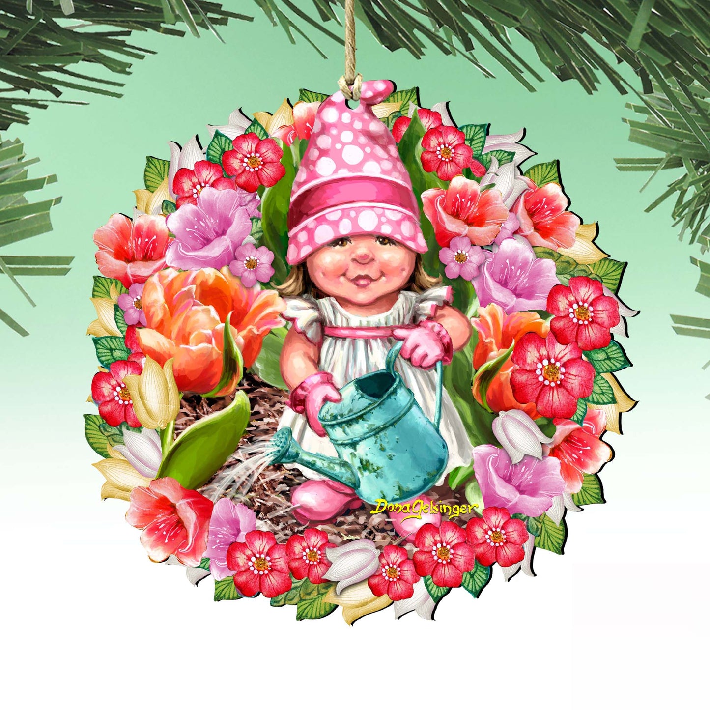 Spring Blossom Gnome Dwarf Wreath Wooden Ornaments by Gelsinger - Easter Spring Decor - 8161055-DG