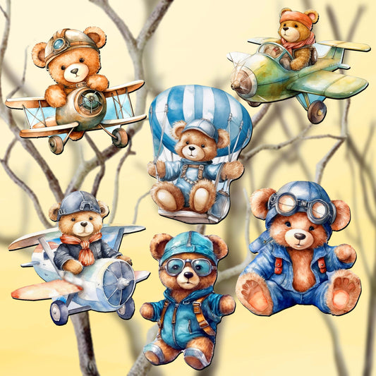 Aviator Teddy Bear Decorative Wooden Clip-on Ornaments of 6 by G. Debrekht - Christmas Decor - 8090010C-S6