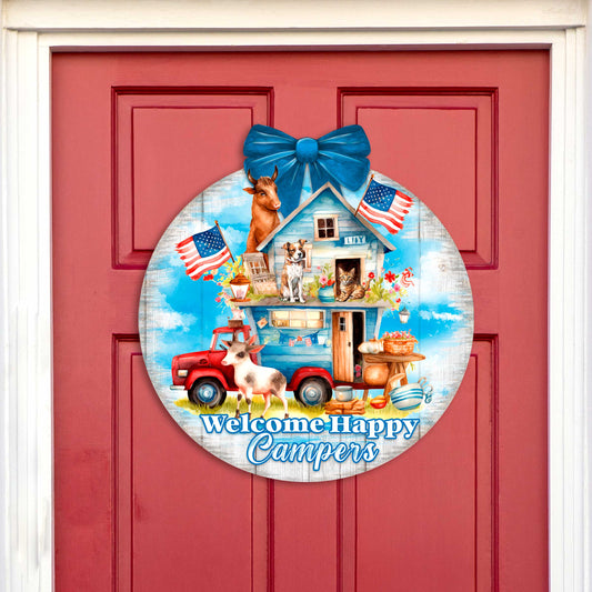 Welcome Happy Campers Sign Front door welcome sign Main entrance banner Welcome sign - Wooden front porch decor - 933114H
