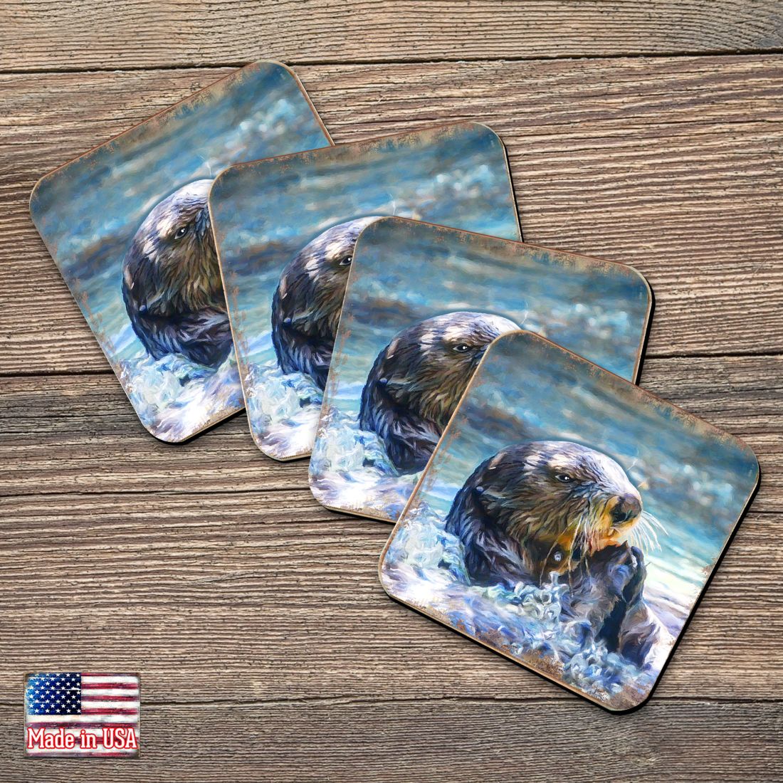 Otter Coastal Wooden Cork Coasters Gift Set of 4 by Nature Wonders - Coastal Sea-Life Decor - 95239C-S4
