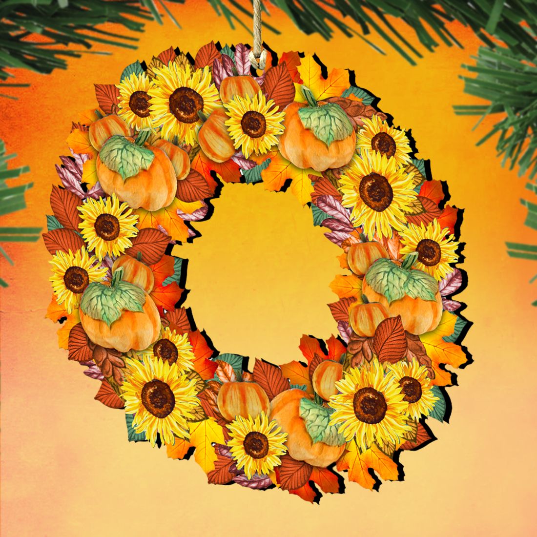 Flower Fall Wreath Wooden Ornaments by G. DeBrekht - Thanksgiving Halloween Decor - 8185305