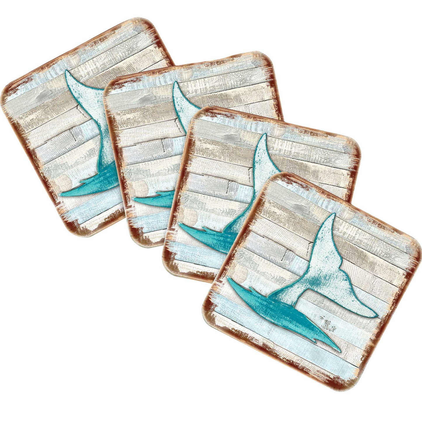 Whales Tale Coastal Wooden Cork Coasters Gift Set of 4 by Nature Wonders - Coastal Sea-Life Decor - 8198535-9C-S4