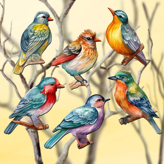 Forest birds Decorative Wooden Clip-on Ornaments of 6 by G. Debrekht - Christmas Decor - 8090015C-S6
