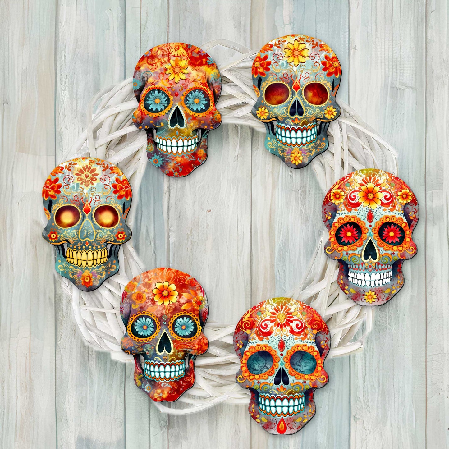 Sugar Skulls Decorative Wooden Clip-on Ornaments of 6 by G. Debrekht - Halloween Decor - 8090071C-S6
