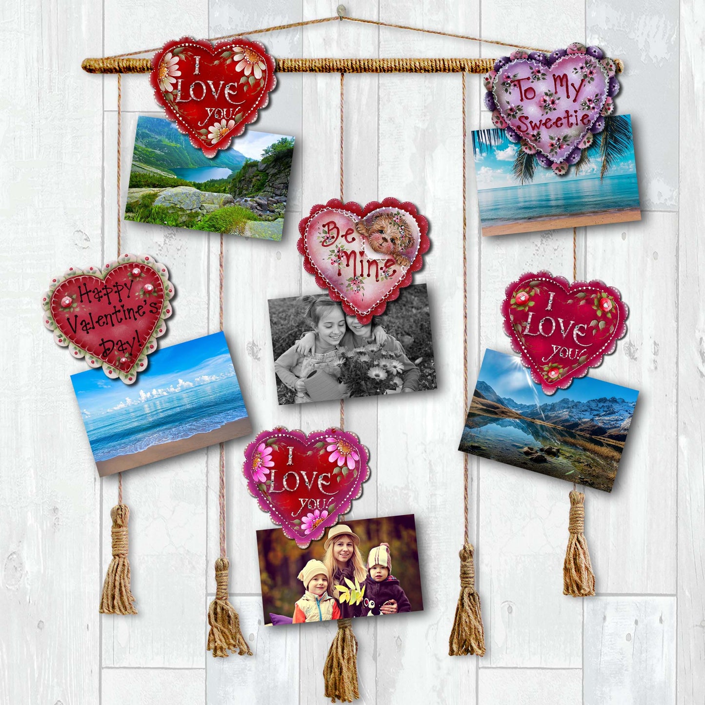 Hearts of Love Decorative Wooden Clip-on Ornaments Set of 6 - Family Love Decor - 8090128C-S6